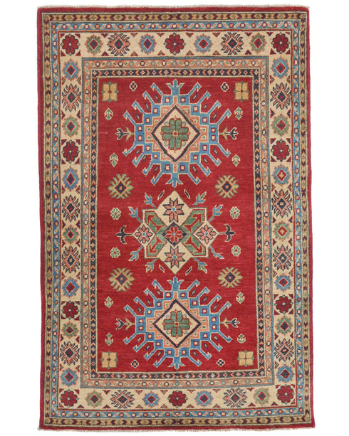 3x5 Red Kuba Afghan Hand Knotted Wool Area Rug